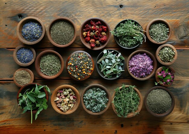 a variety of herbs are placed on a wooden table