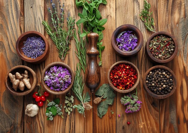 a variety of herbs are placed on a wooden table