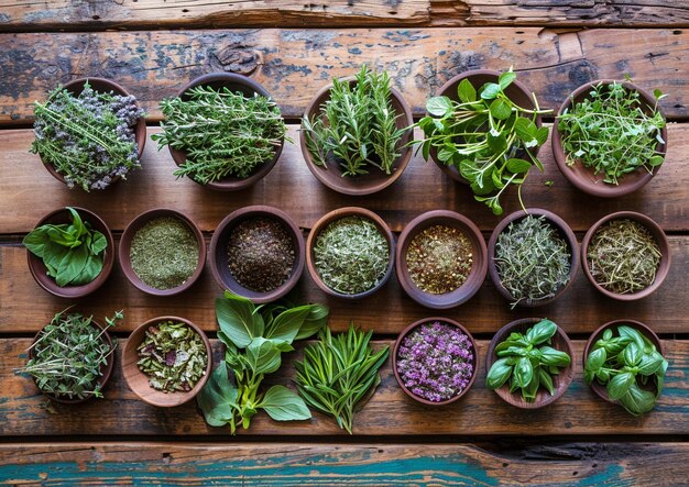 a variety of herbs are placed on a wooden table