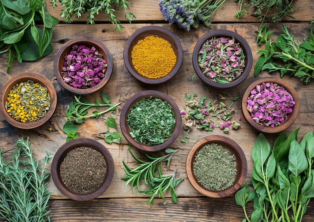 a variety of herbs are placed on a wooden table