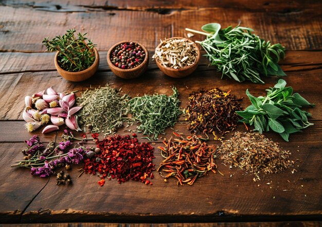 a variety of herbs are placed on a wooden table