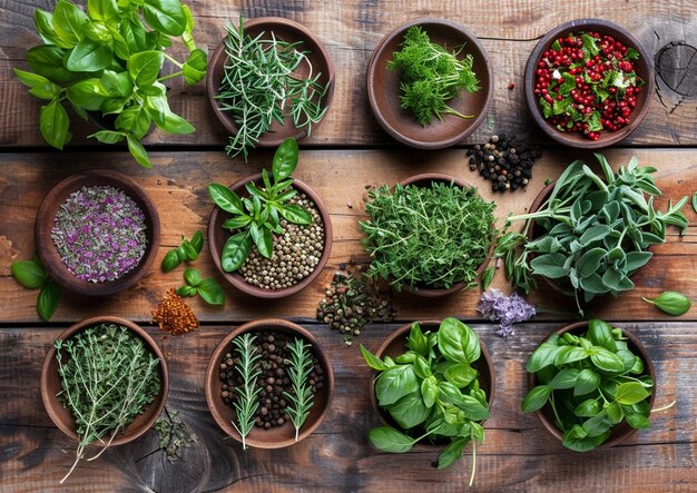 a variety of herbs are placed on a wooden table