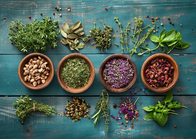 a variety of herbs are placed on a wooden table