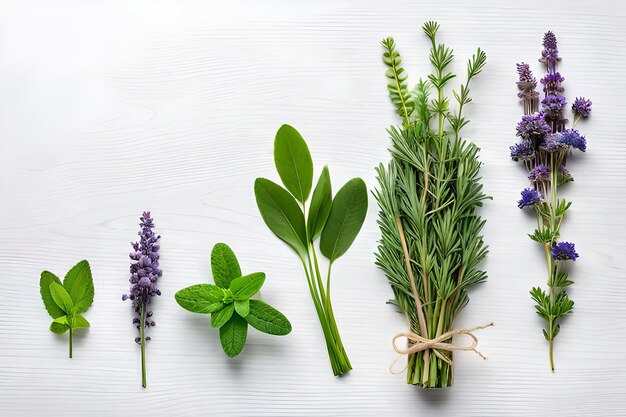 A variety of herbs on a white table