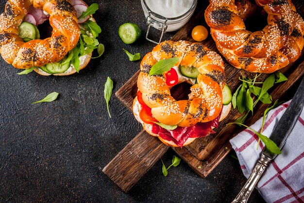 Photo variety of homemade bagels sandwiches