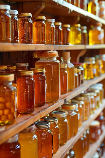 Photo variety of honey jars on wooden shelves