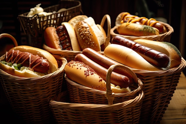 Variety of hot dogs and sausages in basket with variety of toppings visible