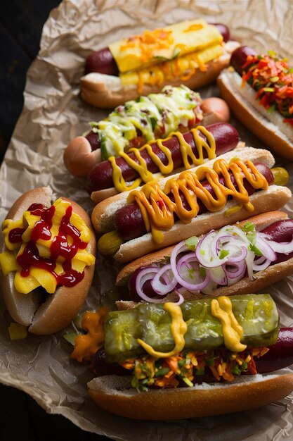 Variety of hot dogs with ketchup and mustard on parchment paper