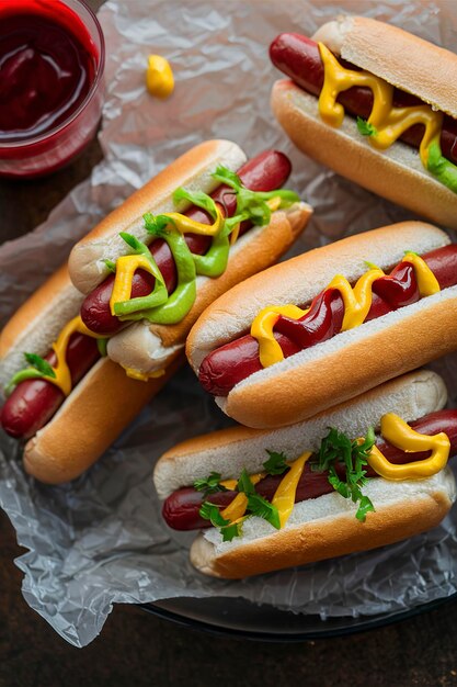 Variety of hot dogs with ketchup and mustard on parchment paper