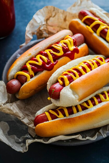 Variety of hot dogs with ketchup and mustard on parchment paper