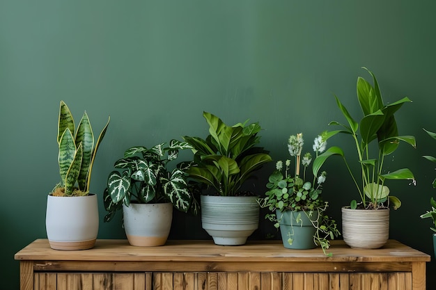 Variety of house plants in pots on wooden shelf near green wall