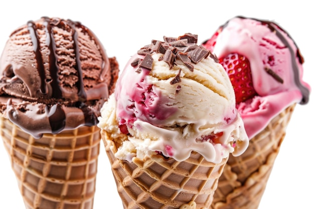 Variety of ice cream cones on white background