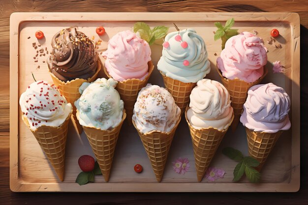 Variety of ice cream in several cones with copy space for promoting ice cream flavour