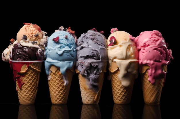 Variety of ice cream in several cones with copy space for promoting ice cream flavour