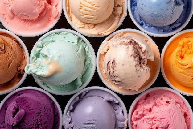 A variety of ice creams are displayed in a row.