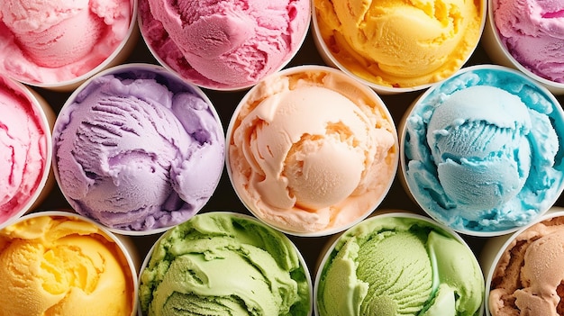 Foto una varietà di gelati sono visualizzati in una varietà di sapori