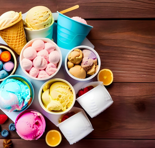 A variety of ice creams are on a table Summer menu