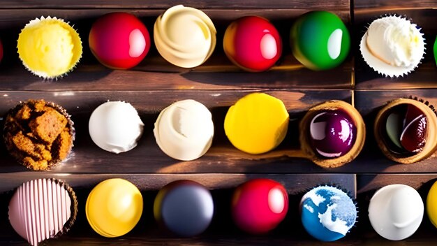 A variety of icecream on a wooden table