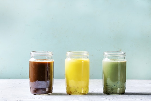 variety of iced latte drinks.