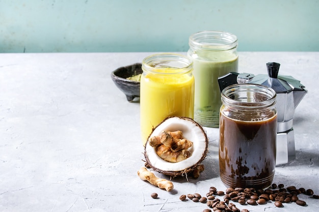 Variety of iced latte drinks.