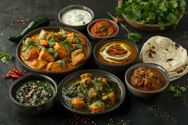 Variety of Indian Dishes Chicken Palak Paneer Chicken Tikka Biryani Vegetable Curry Papad Dal and More Concept Indian Cuisine Chicken Palak Paneer Chicken Tikka Biryani Vegetable Curry