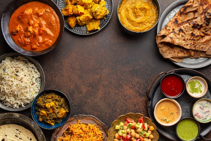 Photo variety of indian food, different dishes and snacks on dark rustic background. pilaf, butter chicken curry, rice, palak paneer, chicken tikka, dal soup, naan bread, assortment of chutney. copy space