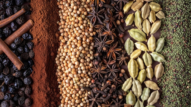 Variety of Indian spices and herbs Top view