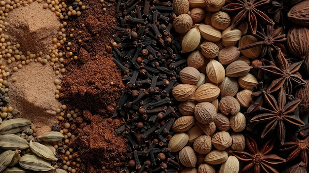 Variety of Indian spices and herbs Top view