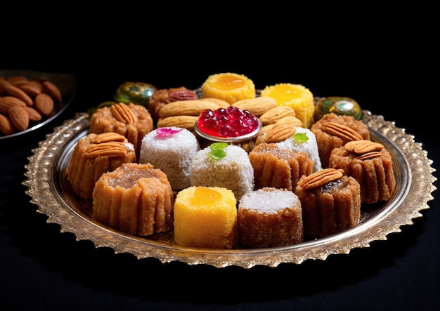 Variety of Indian sweets on a black background Selective focus