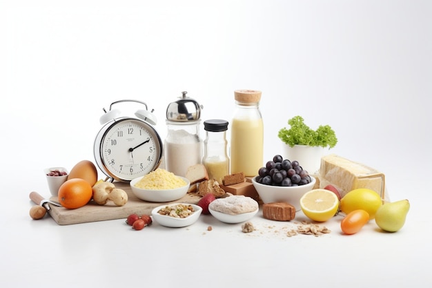 Variety of ingredients with alarm clock arranged against isolated on white background