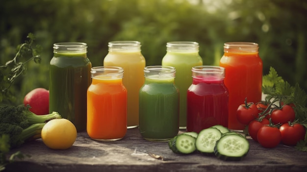 A variety of juices are on a table in front of a green background.