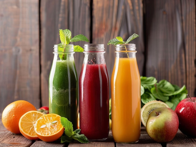 A variety of juices and fruits on a wooden table