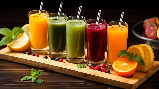 Variety of juices in glasses on a wooden background