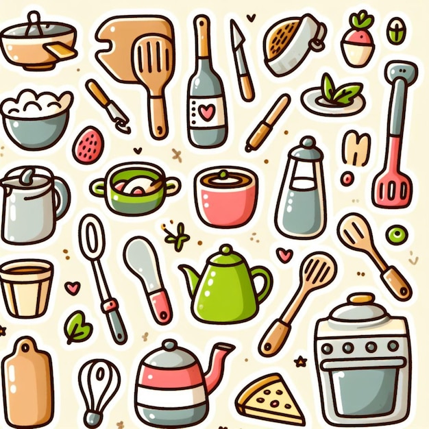 様々なキッチン用具 食器と器具が漫画のスタイルで示されています