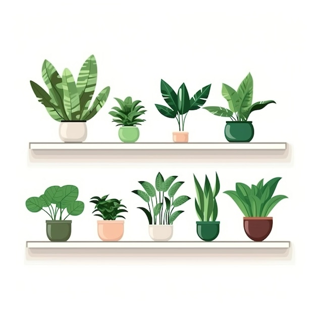 Photo a variety of leafy green potted plants on white shelves