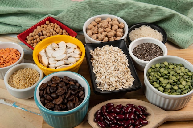 Variety of legume seeds in bowls