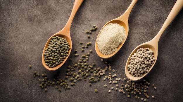 A variety of lentils are on a table.