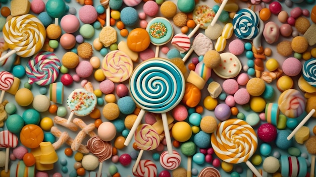 A variety of lollipops are displayed on a table.