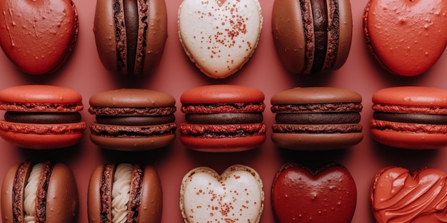 Variety of Macarons in Warm Tones on Red Background