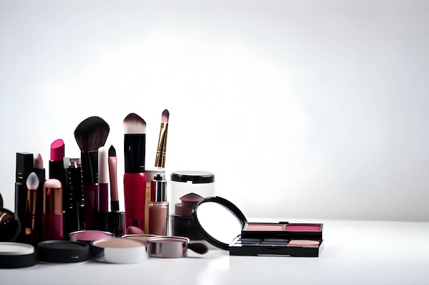 A variety of makeup products including pink lipstick, and a black box of lipstick.