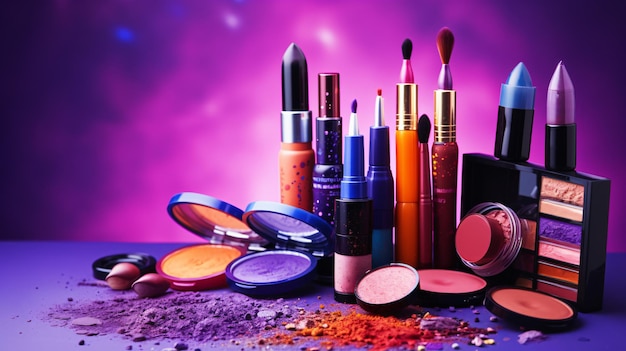 A variety of makeup products on a purple background