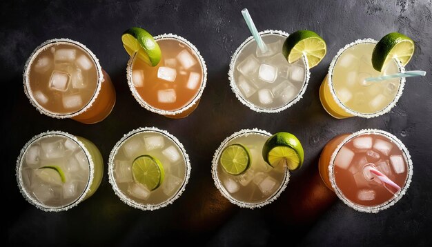 Variety of margarita cocktails with salted rim and lime on dark background overhead shot