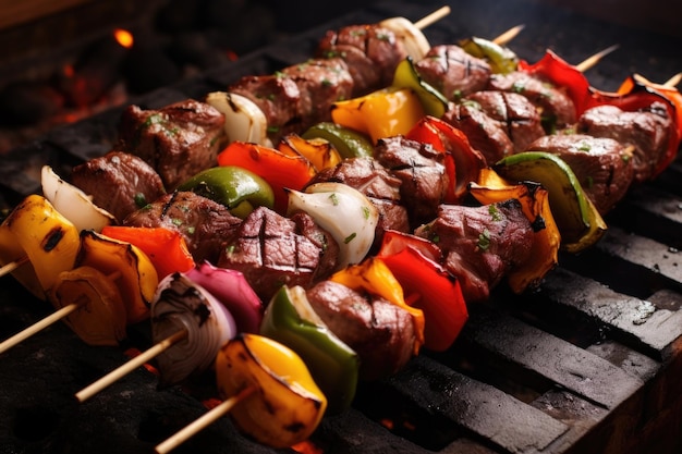 A variety of marinated meat on skewers ready for grilling