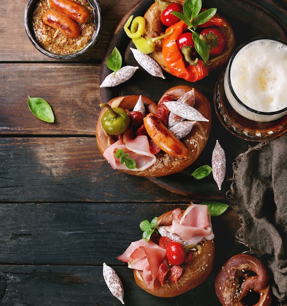 Variety of meat snacks in pretzels