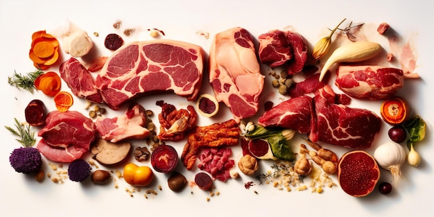 a variety of meat and veggies on a white background