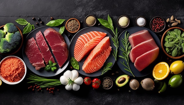 A variety of meats are on a black background.