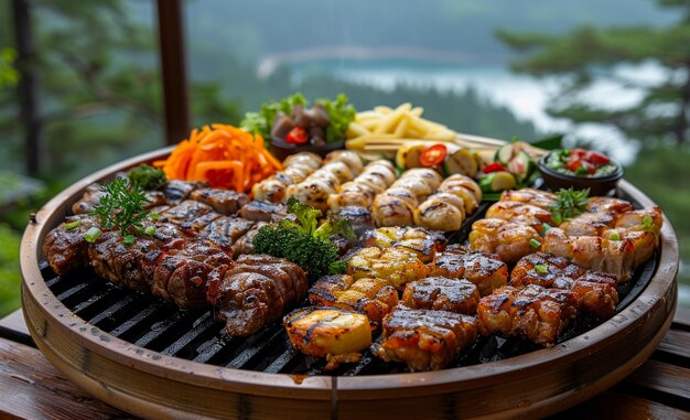 Photo a variety of meats and vegetables are grilled on a wooden tray the presentation is colorful and appetizing with a mix of textures and flavors