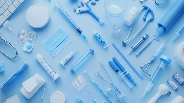 a variety of medical equipment on a blue background generative ai