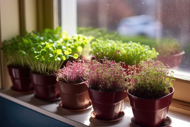 Variety of microgreens growing in small pots on sunny windowsill created with generative ai