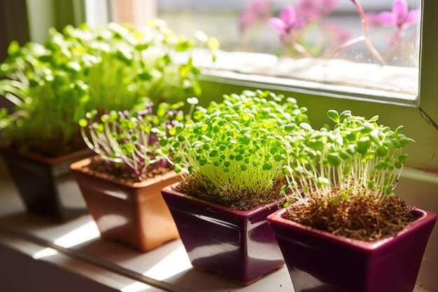 Разнообразие микрозелени, растущей в маленьких горшках на солнечном подоконнике, созданное с помощью генеративного искусственного интеллекта